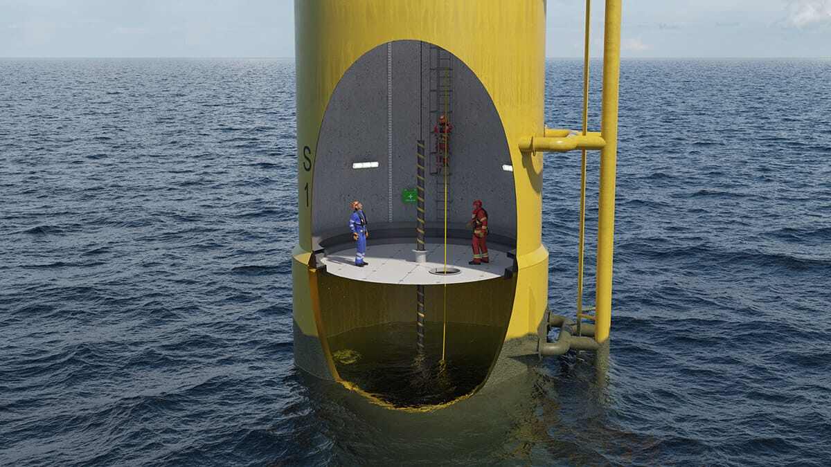 3D illustration showing a cable pull in procedure on an offshore wind turbine..