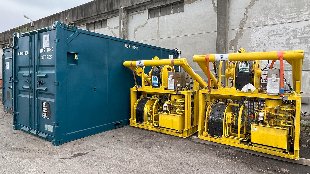 Two Launch and Recovery Systems (LARS) and dive support containers from Hughes Subsea pictured at the OEG Renewables operations base in Taichung